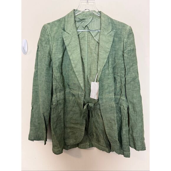 120% Lino Sage Green Linen Blazer Jacket Women’s Size 46 Tailored Minimalist Wor